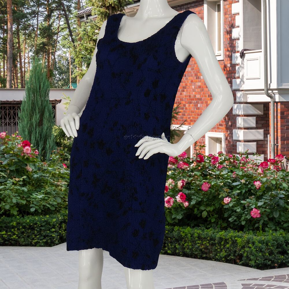 Vintage Blue 3D Floral Sheath Dress S Textured Bloom